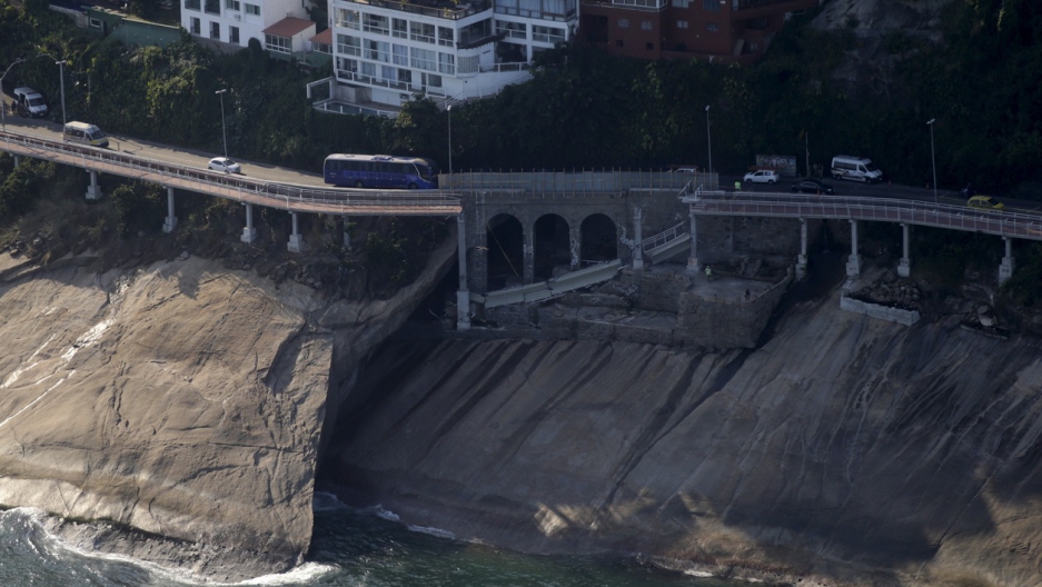 The collapsed area of the new cycle lane in Rio de Janeiro, Brazil, on April 25. The collapsed area of the new cycle lane in Rio de Janeiro, Brazil, on April 25.